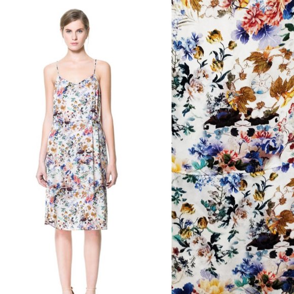 Zara | Dresses | Zara White Floral Satin Slip Midi Dress Large | Poshmark